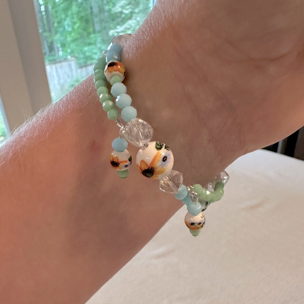 Handmade Set of 2 Memory Wire Bracelet Dangle Earrings Sunflower Turquoise Blue - Picture 4 of 10